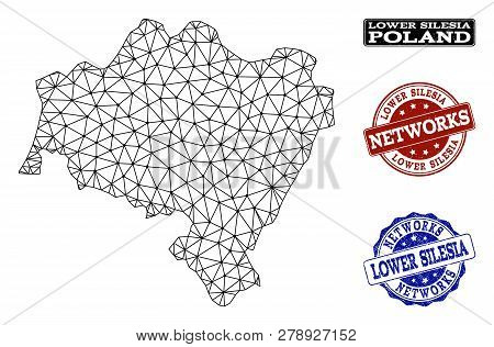 Black Mesh Vector Map Of Lower Silesia Province Isolated On A White Background And Scratched Stamp S