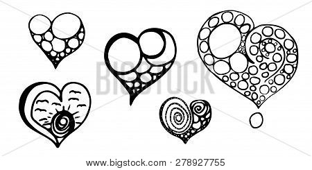 Back and white hearts isolated on white background. . Abstract  hearts with circles, sun, birds, and question sign. Love and romance. St Valentine's Day.