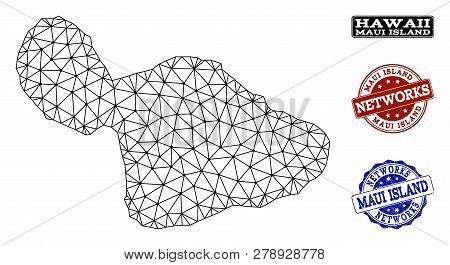 Black Mesh Vector Map Of Maui Island Isolated On A White Background And Rubber Stamp Seals For Netwo