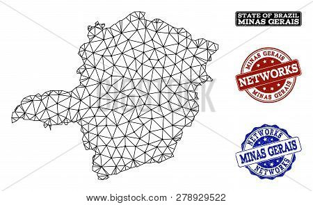 Black Mesh Vector Map Of Minas Gerais State Isolated On A White Background And Scratched Watermarks 
