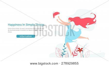 Women Happiness Psychology Course Flat Vector Web Banner With Happy Young Lady Running For Butterfly