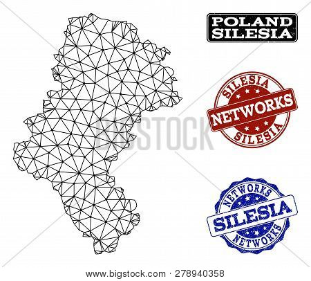 Black Mesh Vector Map Of Silesia Province Isolated On A White Background And Rubber Watermarks For N