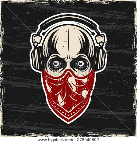 Skull In Headphones And Red Bandana On Face Vector Colored Illustration With Grunge Textures