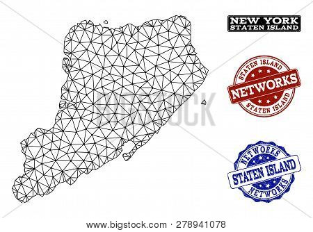 Black Mesh Vector Map Of Staten Island Isolated On A White Background And Scratched Stamp Seals For 