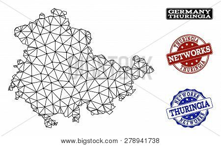 Black Mesh Vector Map Of Thuringia State Isolated On A White Background And Grunge Watermarks For Ne