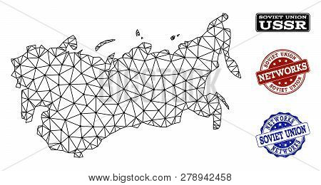 Black Mesh Vector Map Of Ussr Isolated On A White Background And Scratched Stamp Seals For Networks.
