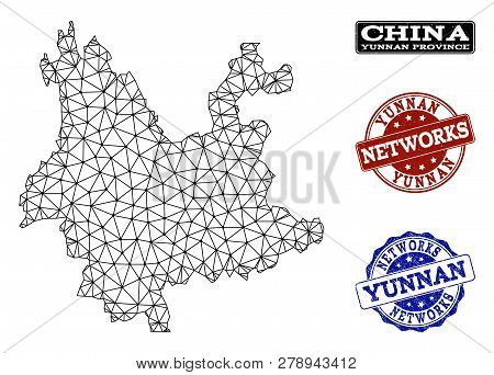 Black Mesh Vector Map Of Yunnan Province Isolated On A White Background And Grunge Stamp Seals For N