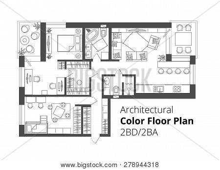 Architectural Color Floor Plan.two Bedrooms Apartment. Flat Architectural Plan Top View Position Wit