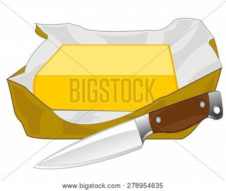 Vector Illustration Of The Piece Of The Butter And Knife
