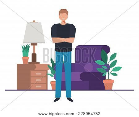 Young Man In Living Room Avatar Character Vector Illustration Design