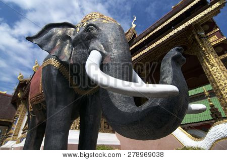 Close Up Picture Of The Black Elephant Statue In The Wat Saen Muang Ma Luang In Chiang Mai, Thailand