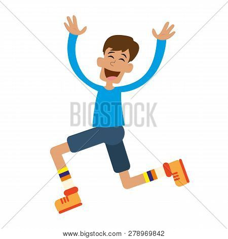 Happy Man. Running Man With His Hands Up