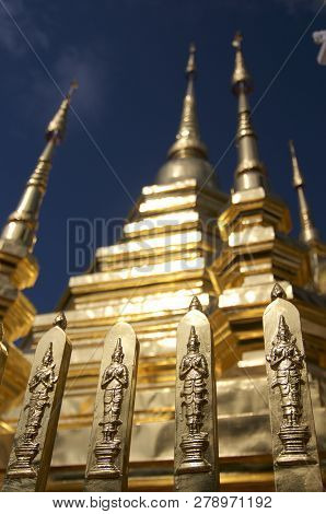 Close Up Of The Top Of The Railing Around The Stupa Of The Wat Phan Tao In Chiang Mai, Thailand