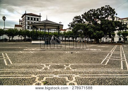 Praca 5 Outubro Square Of Ponta Delgada And Igreja De Sao Jose At Sao Miguel, Azores, Portugal