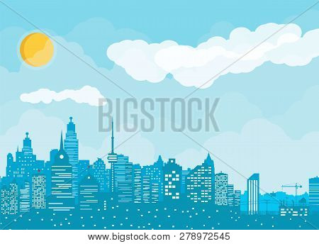 City Skyline Silhouette. Skyscappers, Towers, Office And Residental Buildings. Cityscape Under Sky, 