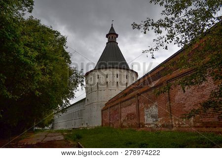Moscow, Russia - July 09, 2018: view of the fortress wall and tower. Fortifications Novospassky monastery.