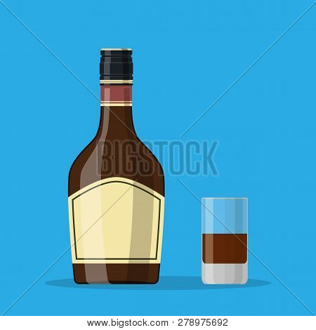 Bottle Of Grass Liquor With Shot Glass. Grass Liquor Alcohol Drink. Illustration In Flat Style
