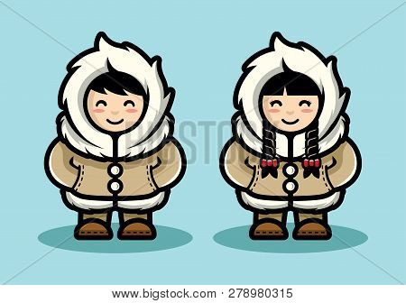 Young Eskimo Cute Couple Illustration In Cartoon Style. Arctic People Living In North Pole Flat Desi