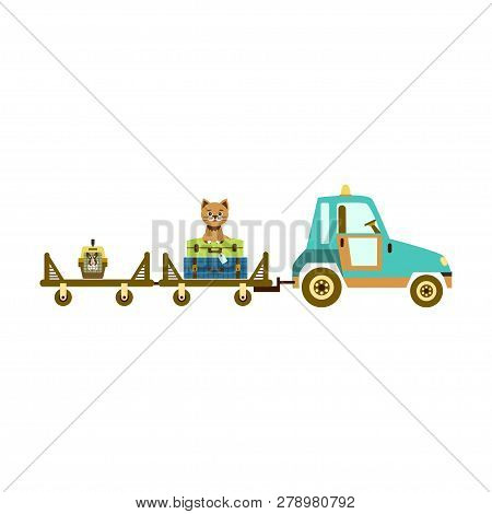 Freight Trolley With Baggage And Cat Whith Rabbit In Hutch In Airport.  Icon In Flat Style On A Whit