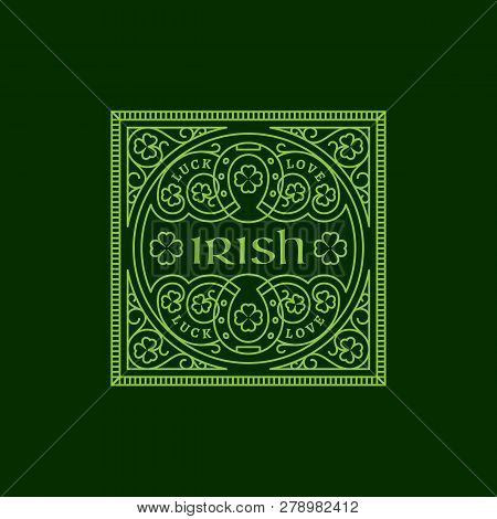 Outline Square Badge With Horseshoes, Shamrock Leaves, Floral Ornament. Vector Illustration.