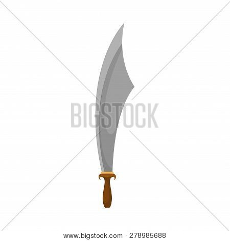 Old Saber With Large Sharp Blase And Wooden Handle. Steel Sword. Dangerous Pirate Weapon. Flat Vecto
