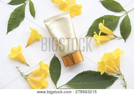 Natural Cosmetics For Skin Face Sunscreen Spf50 Health Care Surface Of Lifestyle Woman On White