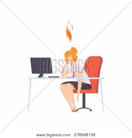 Exhausted Tired Woman Sitting At Her Working Place With Computer In Office, Businesswoman With Burni
