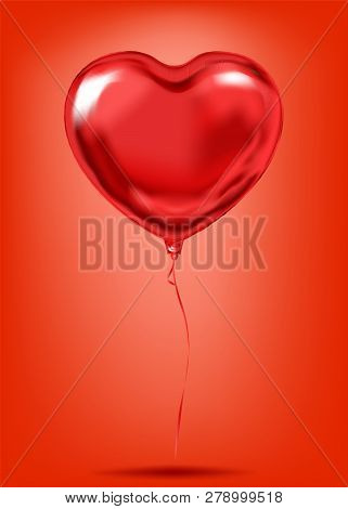 Red Foil Heart Shape Balloon, Desire Love Symbol. Image For Birthday Celebration, Social Party And A