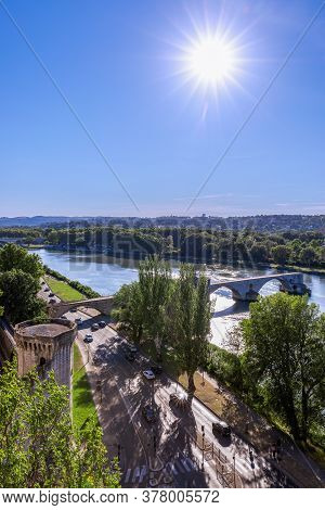 Historic Saint Benezet Bridge On The Rhone River In Avignon City