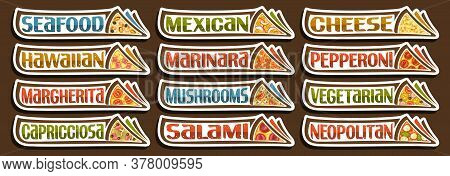 Vector Pizza Set, 12 Cut Out Illustrations With Traditional Italian Fastfood Shacks With Diverse Tex