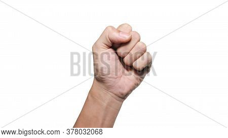 Close Up Of Male Fist Up, Don't Give Up Gesture Symbolic Concept, Isolated On White Background.