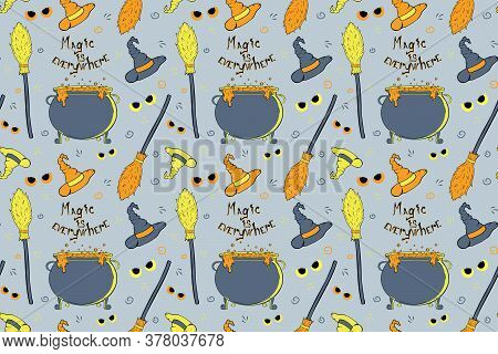 Witchs Equipment Seamless Pattern. Vector Halloween Illustration With Witchs Hat, Cauldron, Broom An