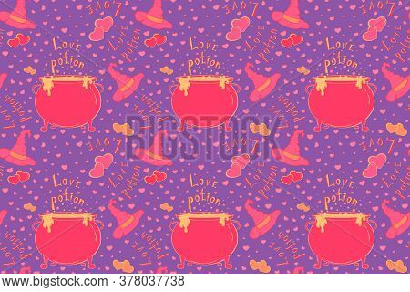 Nice Love Potion Seamless Pattern . Cute Halloween Or Valentines Day Illustration With Witch Hat And