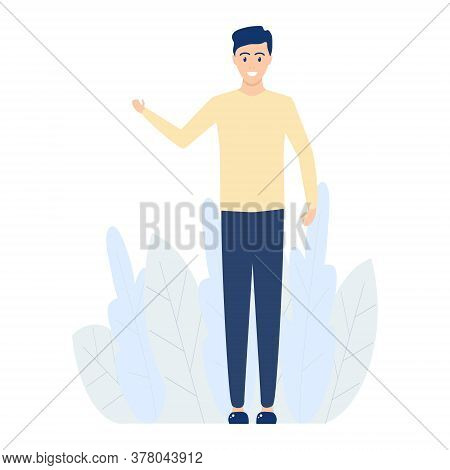 Welcoming Boy Vector Illustration Isolated On White. Man Presenting Something. Happy Young Man Point