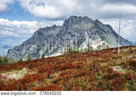 Big Rozsutec Hill From Stoh, Little Fatra, Slovak Republic. Springtime Scene. Beauty In Nature. Red 