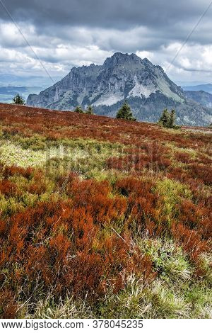 Big Rozsutec Hill From Stoh, Little Fatra, Slovak Republic. Springtime Scene. Beauty In Nature. Red 