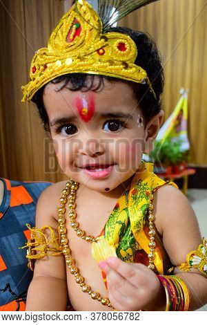 Delhi, India - September 9, 2019 : Cute Indian Kids Dressed Up As Little Lord Krishna Radha On The O