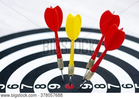 Right To Target Concept Using Darts In Bulseye On Darts Business Success Concept. Destruction Of Com