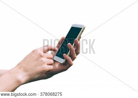Closeup Isolate, Phone In Female Hands. White Background.