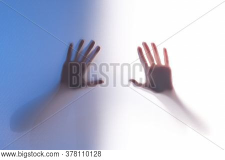 Silhouette Of The Girl's Palms On The Fabric Lighting From Behind Through The Skylight. Color Separa