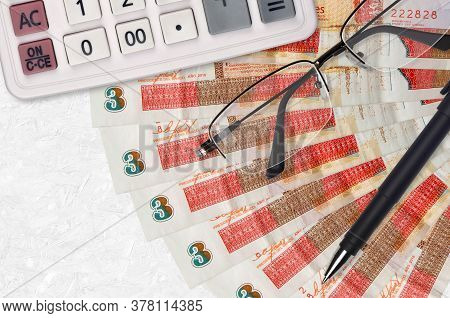 3 Cuban Pesos Convertibles Bills Fan And Calculator With Glasses And Pen. Business Loan Or Tax Payme