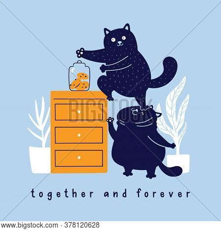 Vector Funny Cats Stealing Cookies From The Table. Cute Hand Drawn Illustration. Doodle Characters C