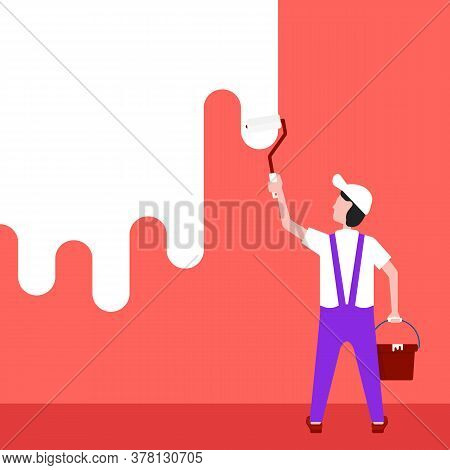Painter Paints The Wall In Home. Concept Of Renovate House By Workman For Restoration Room Or Office