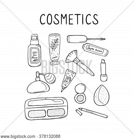 Cute Make Up And Skin Care Icons. Products And Accessoires For Beauty. Simple Womans Signs Set. Visa