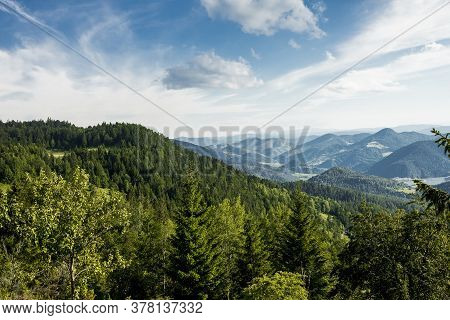 Distant Aerial View At Zaovine Lake From Tara Mountain In Serbia