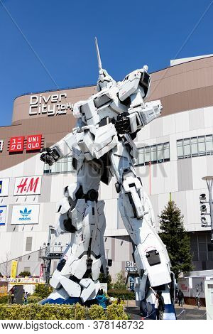 Tokyo, Japan - April 28, 2019, The Unidentified Traveler Look At Rx-0 Unicorn Gundam Statue In Norma