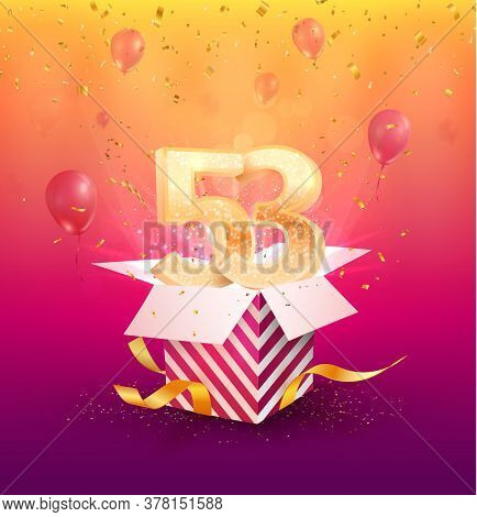 53rd Years Anniversary Vector Design Element. Isolated Fifty-three Years Jubilee With Gift Box, Ball
