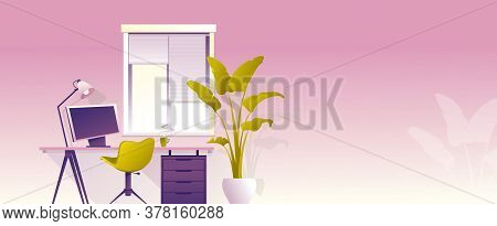Design Workplace At Home, Office For Remote Work, Horizontal Banner, Vector Illustration, Desktop Ne