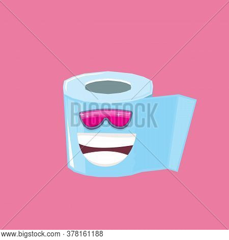 Vector Funny Cartoon Toilet Paper Roll Character With Sunglasses Isolated On Pink Background. Funky 