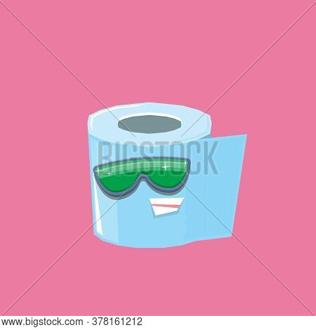 Vector Funny Cartoon Toilet Paper Roll Character With Sunglasses Isolated On Pink Background. Funky 